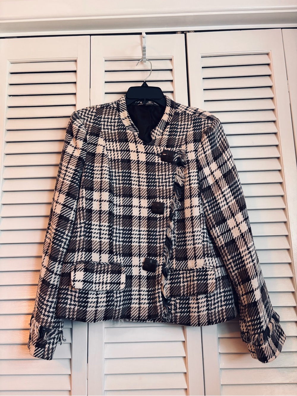 Christopher & Banks Brown & Cream & Black Fringe Plaid Blazer Square Buttons L